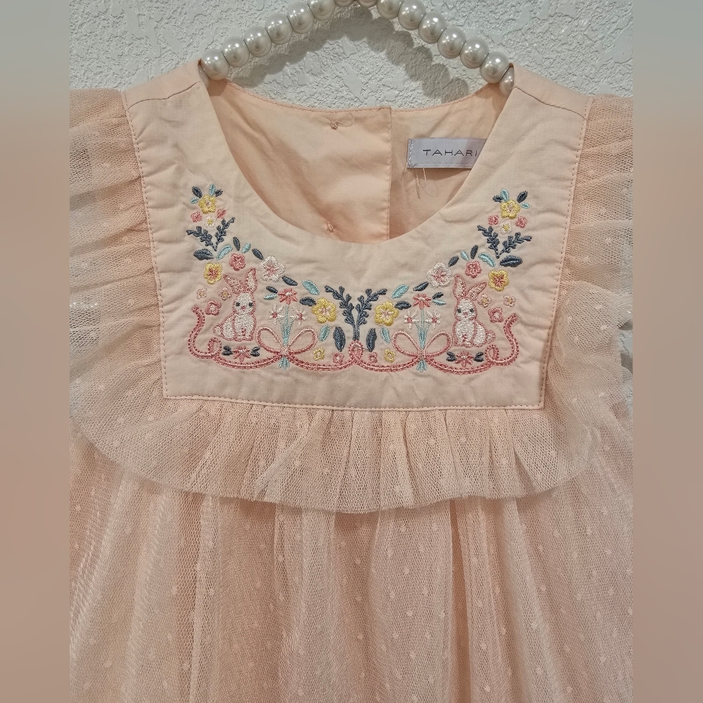 Tahari Baby Dress Embroidered Rabbits Flowers Peach - Picture 3 of 7